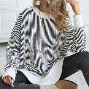 Black And White Casual Women's Contrast Color Patchwork Sweater